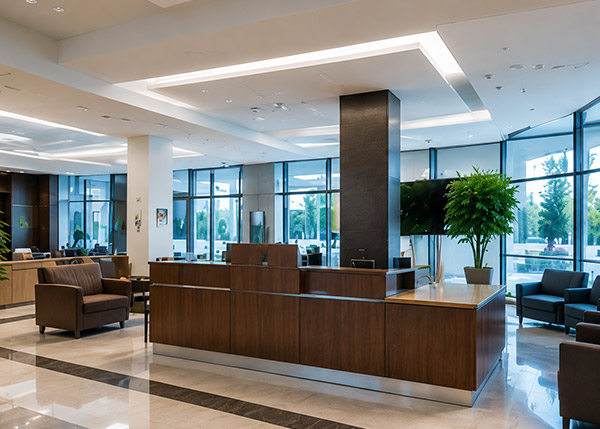 A clean bank lobby waiting area.