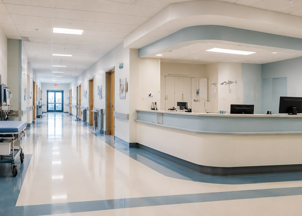 Nurse station in a hospital with a long view down the hallway.